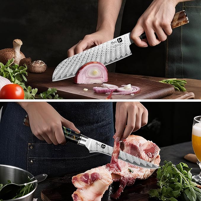 5 Piece Damascus Knife Set, Japanese Knives with 66-Layers Damascus Steel & VG 10 Steel Core, Resin Handle, Includes 5" Paring, 6" Boning, 7" Santoku, 8" Chef & 8" Bread Damascus Knives in Gift Box