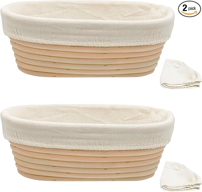 Banneton Bread Proofing Basket set of 2, 9.8 Inch Oval Sourdough Proofing Baskets with Liner,Dough Proofing Bowls,Made of Natural rattan,for Sourdough Bread Baking Supplies