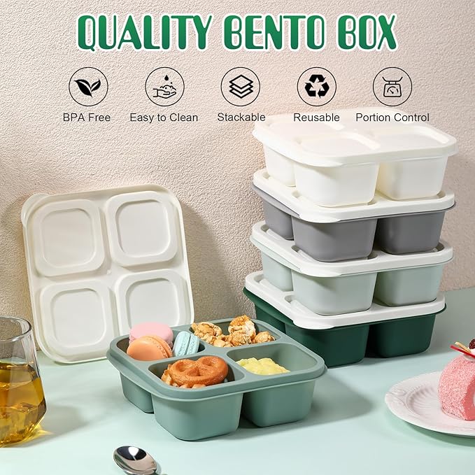 Honeydak 5 Pack Snack Containers 4 Compartment Bento Snack Boxes Reusable Lunchable Containers with Lids Divided Meal Prep Lunch Food Storage Box for School Work Travel(Sage,Equal)