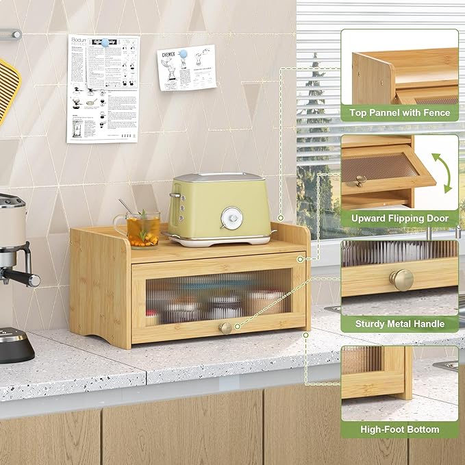Vintage Bread Box for Kitchen Countertop Large Farmhouse Bread Storage Container under Cabinet Mount Bamboo Breadbox Organizer with Window for Homemade Bread (Bamboo)