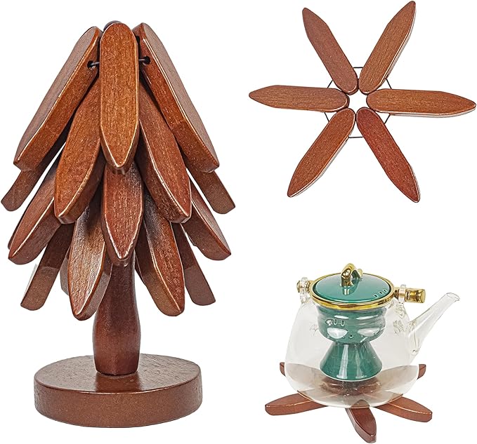 4PCS Wooden Trivets for Hot Dishes, Tree Shape Trivet Set,4 Wood + 1 Stand stored Like a Christmas Tree,Wooden Trivets for Hot Dishes、Pot、Bowl、Teapot、Hot Pot Holder, Brown