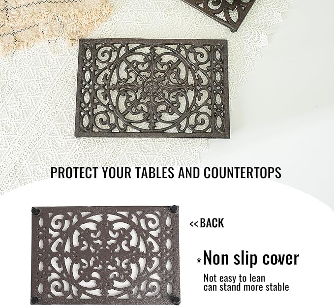 Sungmor Rectangle Cast Iron Trivets, Metal Trivet for Hot Pots and Pans, Heavy Duty Rustic Wood Stove Tea Pot Trivet, Decorative Hot Pot Holder for Kitchen Counter and Dining Table, Intricate Pattern