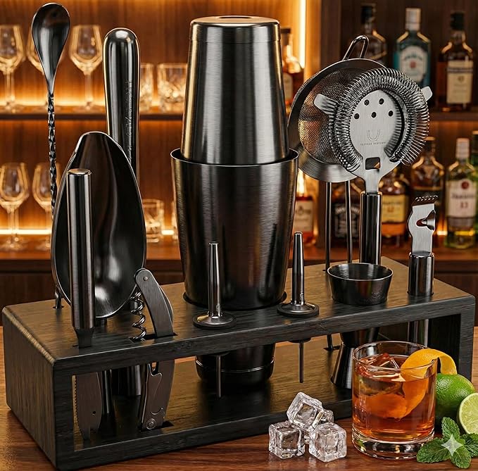 Highball & Chaser 13-Piece Gunmetal Black Stainless Steel Boston Cocktail Shaker Bar Tool Set with Mixology Bartender Kit Accessories