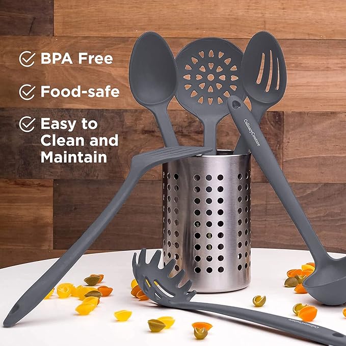 Culinary Couture Grey Silicone Kitchen Utensils Set of 6, Non-Stick Heat-Resistant Silicone Kitchen Utensils Set with Steel Inner Core