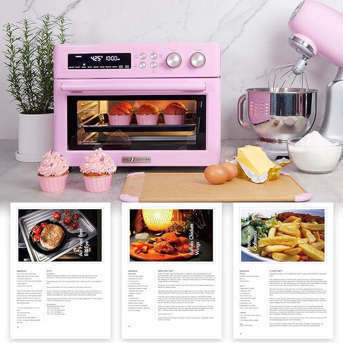 VAL CUCINA Retro Style Infrared Heating Air Fryer Toaster Oven, Extra Large Countertop Convection Oven 10-in-1 Combo, 6-Slice Toast, Enamel Baking Pan Easy Clean with Recipe Book, Classic Pink Color