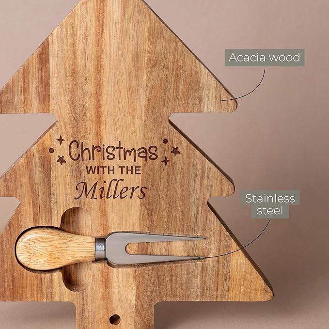 Custom engraved christmas tree luxury charcuterie board set, holiday season cheese, fruits, food, dessert, bread chopping acacia tray for table decoration, personalized gift for dinner hostess