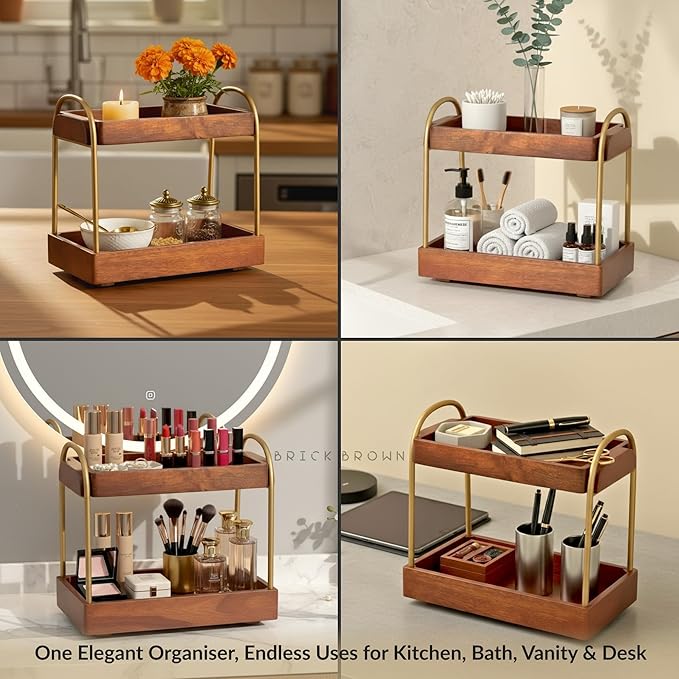 Brick Brown Premium CasaDuo Multipurpose Organizer Rack for Cosmetics Storage | Display Holder | Bathroom Dresser Countertop|Kitchen Organizer in Mahogany Finish (Self Assembly)