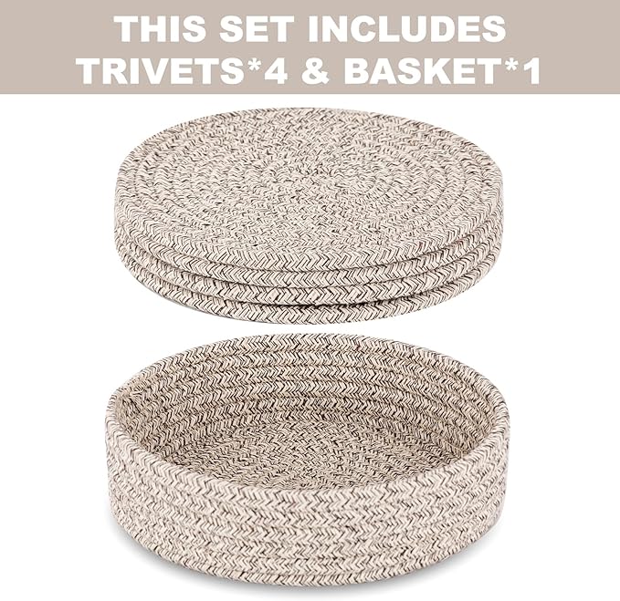 Trivets for Hot Dishes, Pots and Pans, Heat Resistant Hot Pads with Storage Basket, Pot Holders for Kitchen Countertop, Trivet Mats Home Essentials Farmhouse Decor (Brown 4 Pcs)