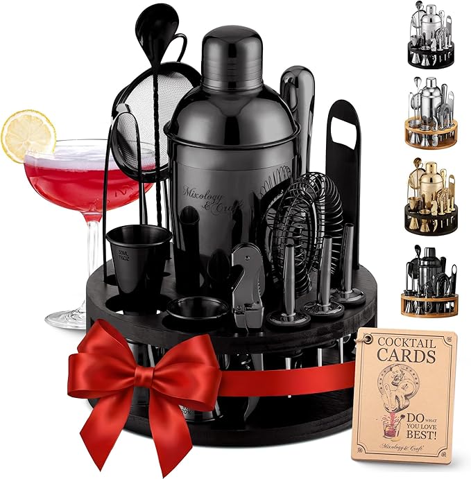 Mixology & Craft Bartender Kit – 15-Piece Cocktail Shaker Set with Bar Tools, Premium Stainless Steel Drink Mixer Accessories for Home Bar, Includes Bamboo Stand, Plus Exclusive Recipe Cards (Black)