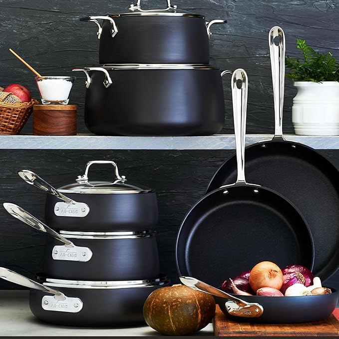 All-Clad HA1 Hard Anodized Nonstick Pots and Pans Set Non Stick Cookware Sets, Oven Broiler Safe 500F, Black