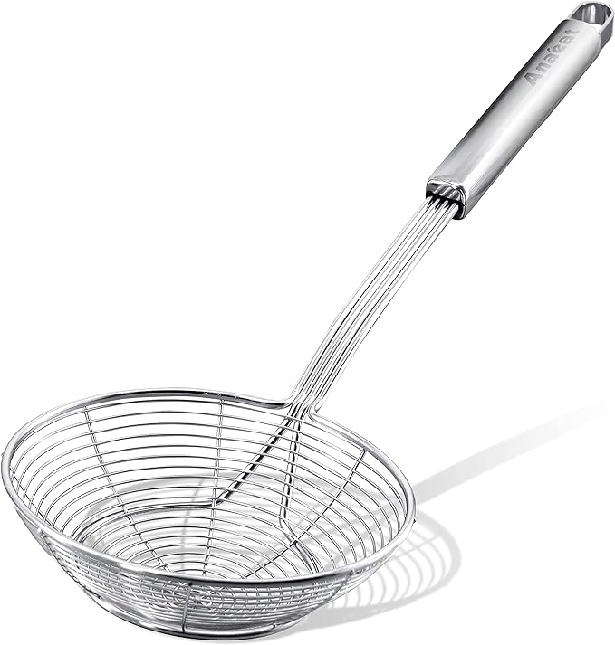 Anaeat Stainless Steel Spider Strainer Skimmer - Solid Kitchen Strainer Ladle with Long Handle for Cooking and Frying, Reinforced Double Coil Slotted Spoons for Pasta, Noodle, Spaghetti (5.5 Inch)