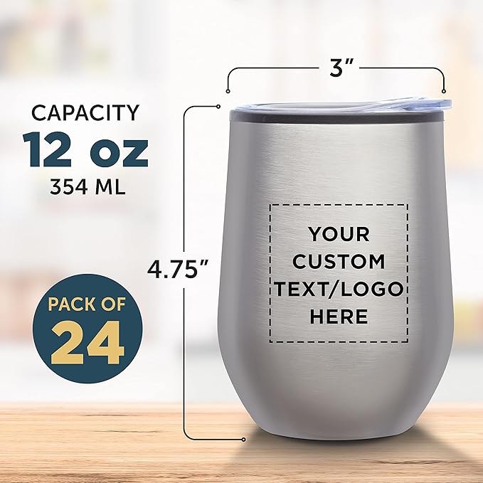 Custom Stemless Wine Tumblers 12 oz. Set of 24, Personalized Bulk Pack - Insulated, Perfect for Wine, Cocktails, Other Hot & Cold Beverages - Silver