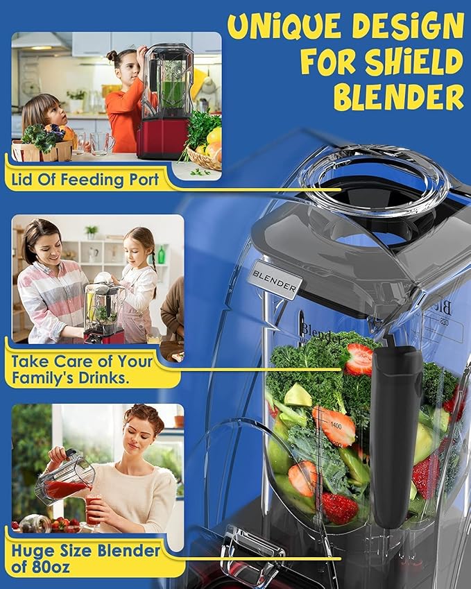 CRANDDI Commercial Quiet Blender, 2200 Watt Professional Countertop Blender with 80oz Pitcher, Built-in Pulse & 15-speeds Control, Smoothie Blender for Commercial and Home, K90 Red