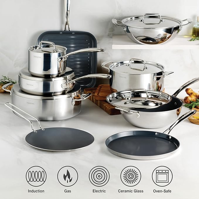 Tramontina Utsava Tri-Ply Clad Stainless Steel 2.2-Quart Sauce Pan with Lid and Ceramic Non Stick Interior, Induction-Ready Small Saucepan
