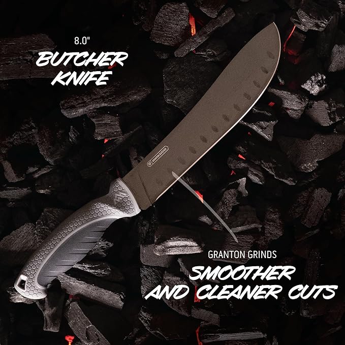 OUTDOOR EDGE ErgoMax Meat Carver Knife Set - Includes Cleaver, Brisket, Butcher & Honing Steel, Premium Titanium-Coated Steel Blades, Non-Slip Rubber Handles, Sharpening Rod
