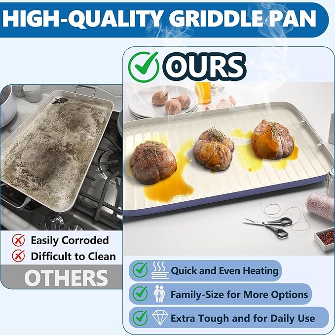 SafBbcue 20" x 13" Ridged Surface Griddle Pan, Double Burner Non-Stick Ceramic Coated, for Outdoor Gas Pellet Grill Stove Top, Oven & Broiler for Weber Charbroil Camp Chef Grill, Blue