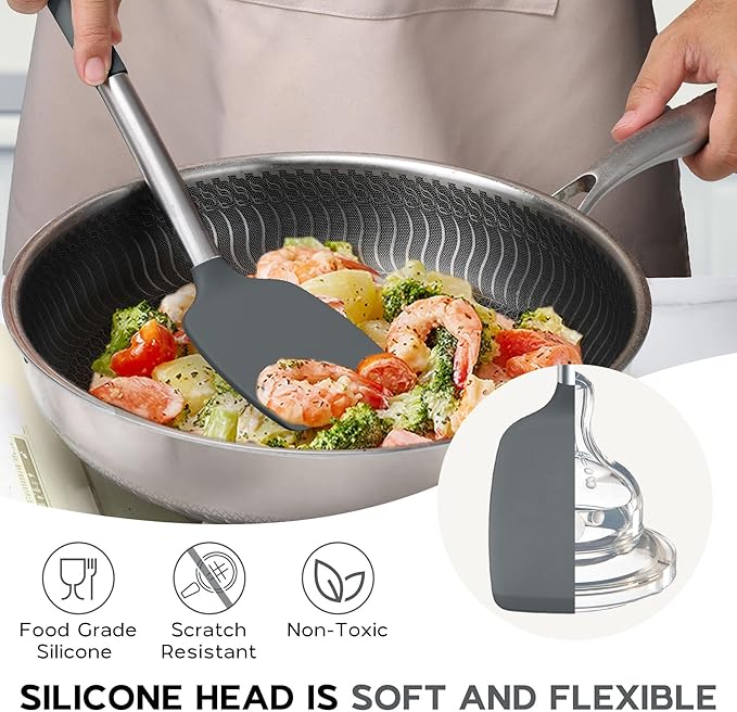 Onader Kitchen Cooking Utensils Set of 15, Silicone and Stainless Steel Utensils Spatula Set with Holder, Heat Resistant & Dishwasher Safe - Grey