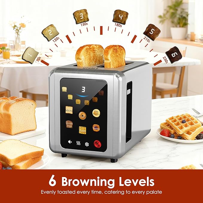 WHALL Full Touch Screen Toaster 2 Slice, 1.5'' Wide Slot Stainless Steel Toaster with Digital Timer, 6 Bread Types & 6 Shade Settings, Crumb Tray, Reheat/Defrost, Smart Toasters for Breads, Bagels