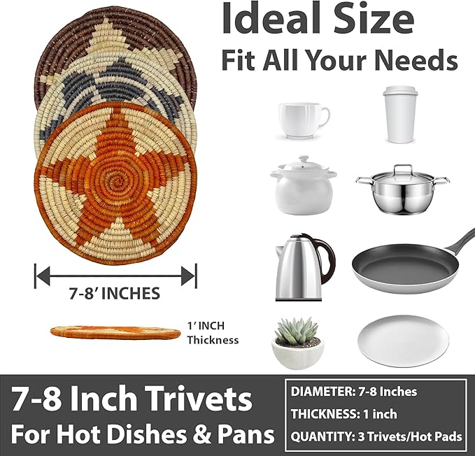 Grain Wares 7-8 Inch Handmade Trivets for Hot Dishes, Hot Pots and Pans, Durable Heat Resistant Coaster for Kitchen, Hot Pads for Countertops and Table, Star Set of 3