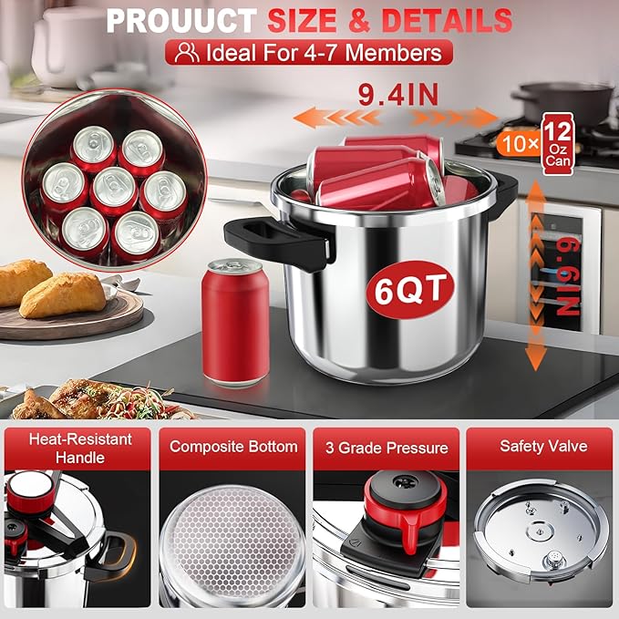 3-In-1 Stainless Steel Pressure Cooker 6.3 Quart: [Save 70% Time] [3 PSI Settings], One-Hand Locking, Induction Compatible, Glass Lid & Steamer Rack Included, Olla de Presion