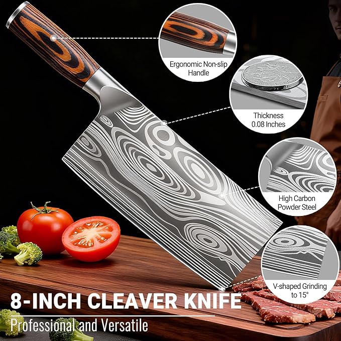 Meat Cleaver Knife Ultra Sharp Kitchen Knife 8 Inch, High Carbon Stainless Steel Butcher Knife with Wooden Handle, Chinese Cleaver for Meat Cutting Vegetable Slicing Perfect Birthday Gifts