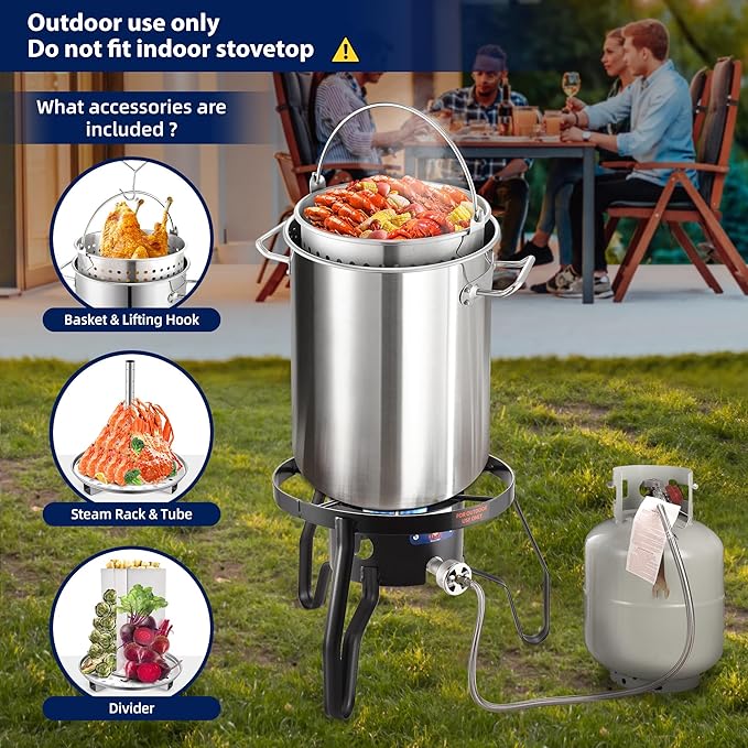 ARC 32QT Stock pot Seafood Boil Pot and Propane Stove Outdoor Cooker, Stainless Steel Crawfish Boil Pot with Basket and Steamer Rack, Burner for Outdoors Cooking and Steaming