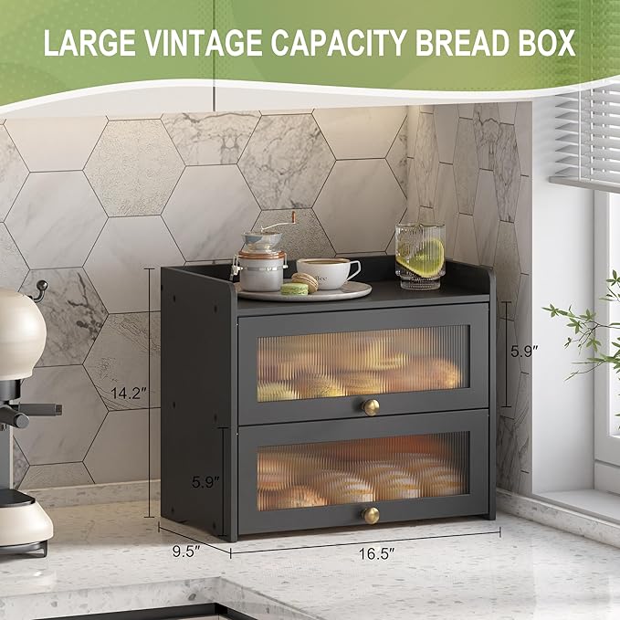 Large Bread Box for Kitchen Countertop Wooden Double Layer Breadbox Organizer with Window Vintage Farmhouse Bread Storage Container for Homemade Bread (Black)