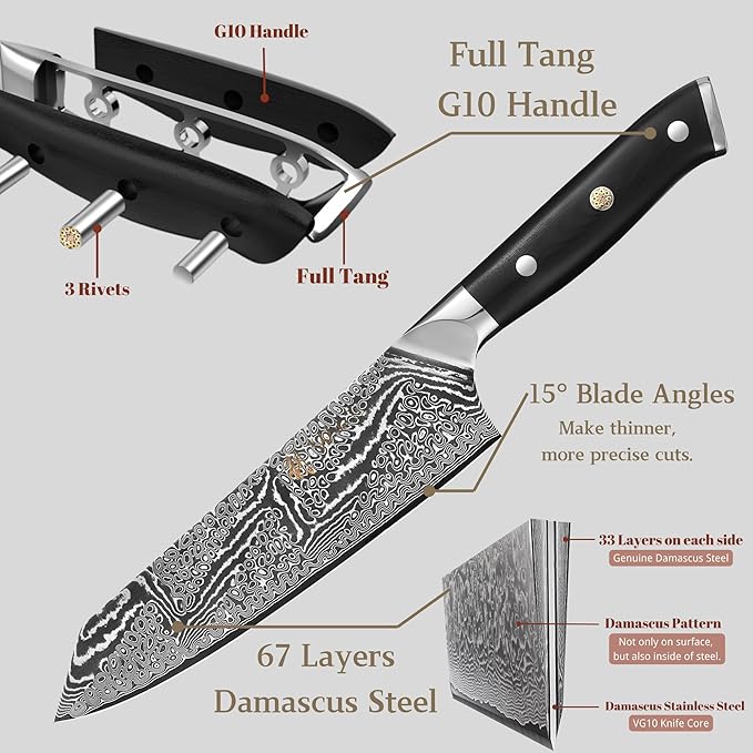 Wakoli Nitoko 3-Piece Kiritsuke Knife Set – Professional Damascus Kitchen Knives | 67-Layer VG10 Core Steel | Ergonomic G10 Handles | Japanese-Style Chef Knife Set in Wooden Gift Box