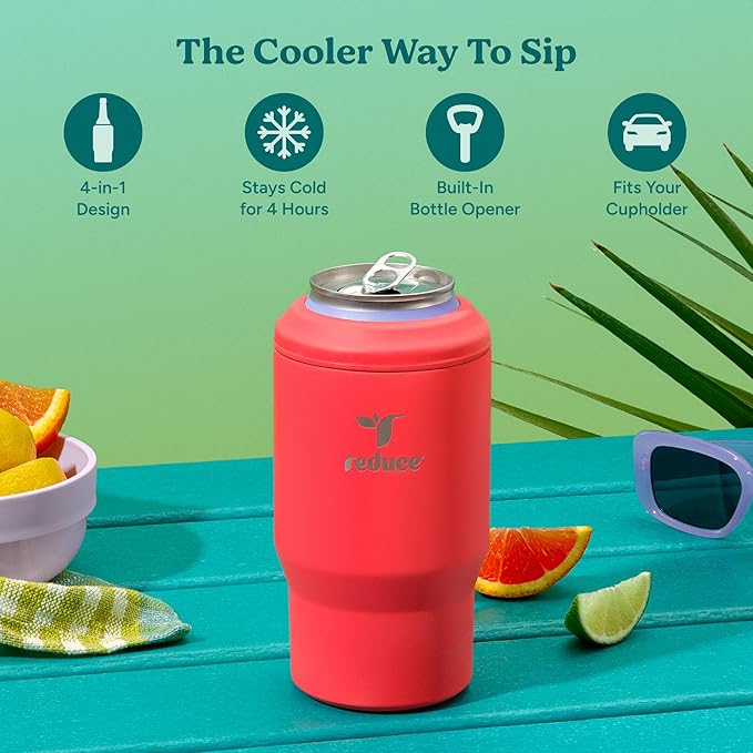 Reduce 4-in-1 Drink Cooler - Versatile Can & Bottle Holder with Vacuum Insulation - Keeps Drinks Cold Up to 4 Hours - Includes Bottle Opener - Fits Cupholders & Dishwasher Safe - 14oz - Daiquiri