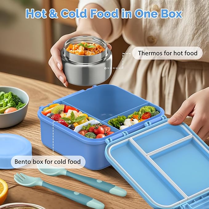 Bento Box for Kids with Soup Thermos(9oz)– Kid Bento Lunch Box with Leak Proof Insulated Food Jar, Hot & Cold Lunch Container Set for School Girls Boys, 4-Compartments, Dishwasher Safe, Blue