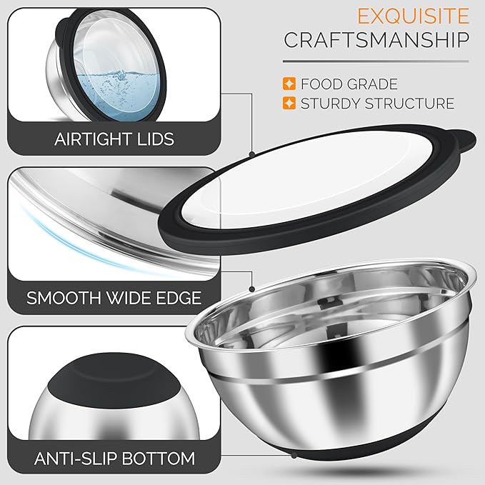 HaWare Mixing Bowls, 24-Piece Stainless Steel Salad Serving Bowl with Airtight Clear Lids, Metal Nesting Bowl For Kitchen Cooking Prepping Storing with 3 Graters, 4.6/2.6/1.5/1/0.7 QT, Black
