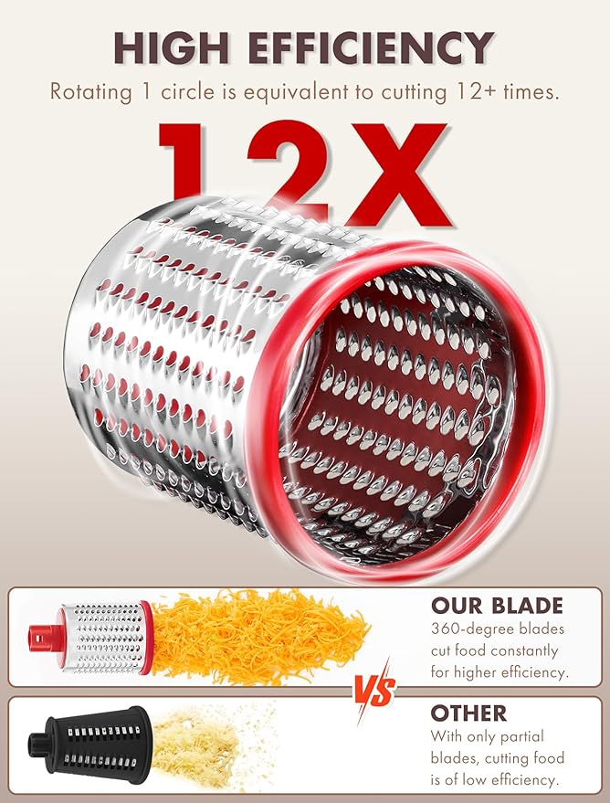 GDL Rotary Cheese Grater Hand Crank with 5 Interchangeable Blades - Upgraded Cheese Shredder Featuring Strong Suction Base for Cheese Shredding, Wavy Slicing, Nut Grinding, Ice Shaving