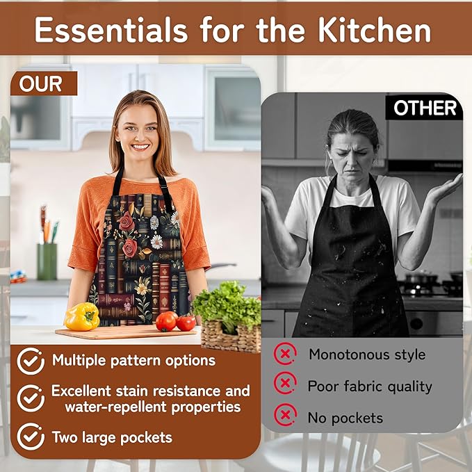 Apron with Pockets for Women, Adjustable Kitchen Cooking BBQ Chef Apron, Gifts for Mom Birthday, or Holidays