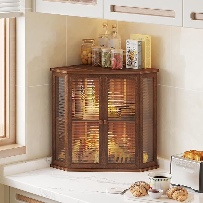 Corner bread box Bread Box for Kitchen Countertop - Corner Bread Storage Box 16.51" H, Premium Acacia Wood with Glass Door, Perfect for Homemade Bread, Baguettes & Pastries(Acacia wood)