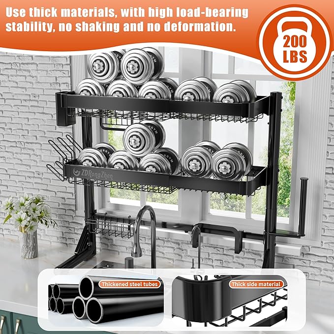 ZDRongZhen Over The Sink Dish Drying Rack,3 tier Full 304 Stainless Steel dish Drainer rack,Adjustable Length (22.8''~35.04'') Kitchen Storage Counter With Cup Hanging Set and Hooks (Black-3Tier)