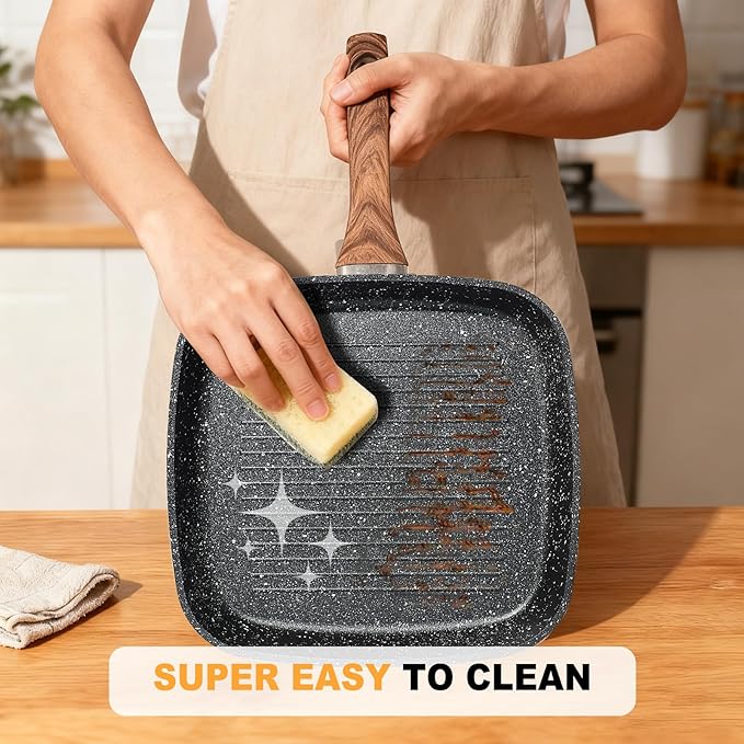 3 Pieces Nonstick Grill Pan Set – Square Griddle Pans with Wooden Handle, Compatible with All Stovetops, Perfect for Steak, BBQ, Vegetables (9.5", 10.2", 11") Deep Black