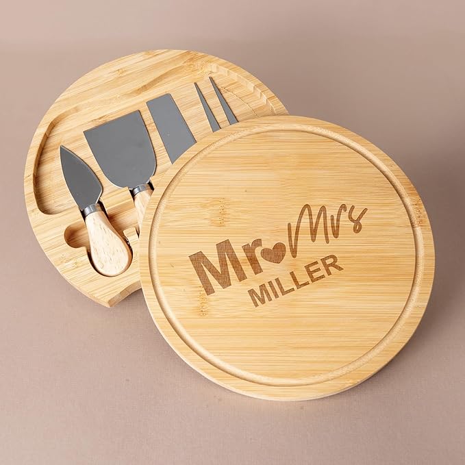 Custom engraved luxury charcuterie board & knife set/4pcs, personalized cheese chopping serving tray for fruits, food, dessert, bread for table decoration, personalized gift for dinner host (Mr & Mrs)