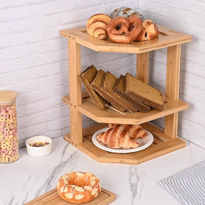 Bamboo Kitchen Cabinet Organizer, 3 Tier Spice Rack Organizer for Cabinet, Space-Saving Spice Corner Shelf, Multi-Purpose Kitchen Counter Shelf for Spices, Plates, Fruits, Bread and Canned