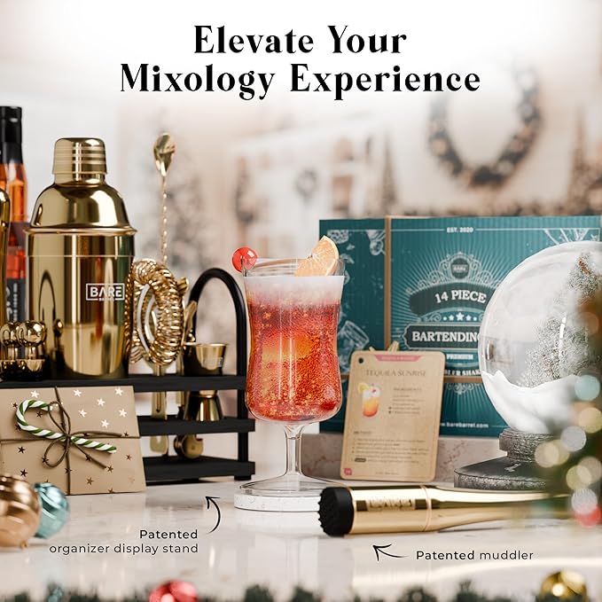 BARE BARREL® Mixology Bartender Kit Bar Set | 14-Piece Cocktail Shaker Set | Martini Barware Mixing Tools for Home Bartending | 35 Recipe Cards | Gift Set (24oz Cobbler Shaker, Gold/Black)