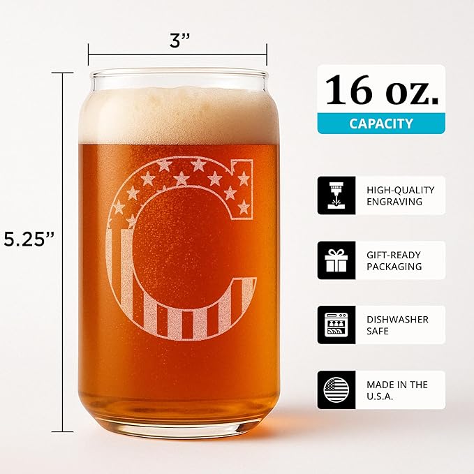 Monogram Beer Glasses for Men (A-Z) 16 oz - Beer Gifts for Men Brother Son Dad Neighbor - Unique Gifts for Him - Personalized Drinking Gift Beer Glass Mugs - Engraved Beer Can Glass (C)