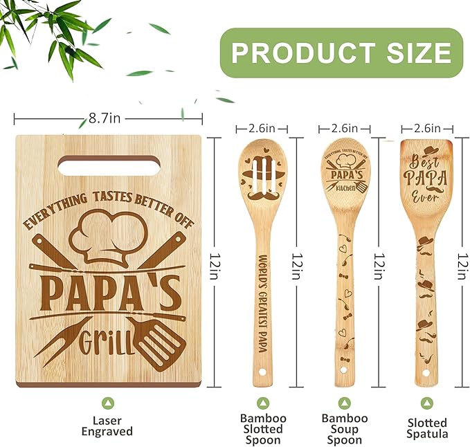 Papa Gifts, Christmas Papa Gifts from Grandkids, Gifts for Dad Wooden Cutting Board Utensils Set with Apron, Great Grandparents Day Stocking Stuffer Kitchen