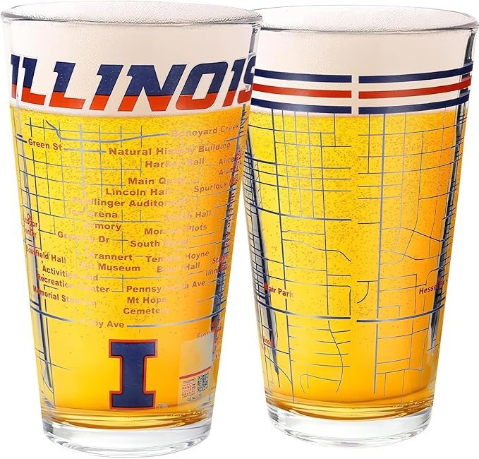 Greenline Goods – Illinois College Pint Beer Glasses (Set of 2), 16 oz – Full‑Color Logo + Campus Map