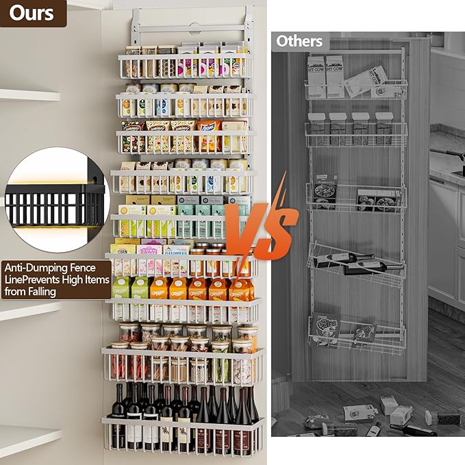 9 Tier Over The Door Pantry Organizer, 2 in 1 Wall Mount or Hanging Spice Rack with Adjustable Basket, Seasoning Organizer and Storage for Kitchen Cabinet Closet Bathroom
