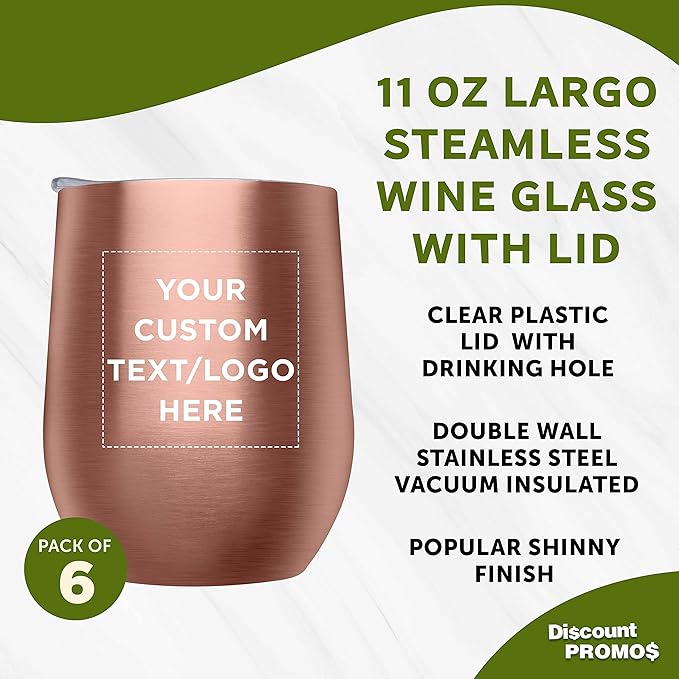 Custom Stemless Wine Glass Tumblers with Lids by Largo 11 oz. Set of 6, Personalized Bulk Pack - Perfect for Wine, Cocktails, Other Hot & Cold Beverages - Rose Gold