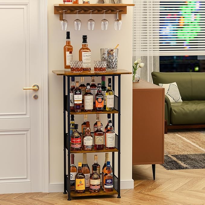 Wine Rack Freestanding Floor:4 Tier Whiskey Wine Rack Mini Bar Cart,Liquor Cabinet-Home Bar for Bottles,Cocktail Shaker,Mugs-(23.6 * 11.8 * 40inch)