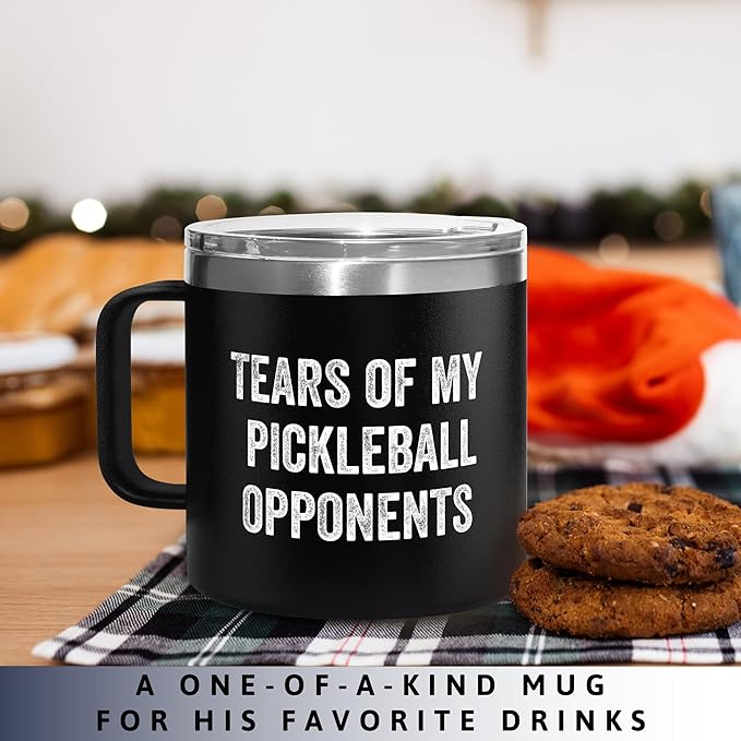 Pickleball Gifts for Women - Gifts for Pickleball Lovers, Women, Mom, Grandma, Girlfriend, Wife, Her - Tears of My Opponents Gift - 14 Oz Black Stainless Steel Coffee Mug with Lid