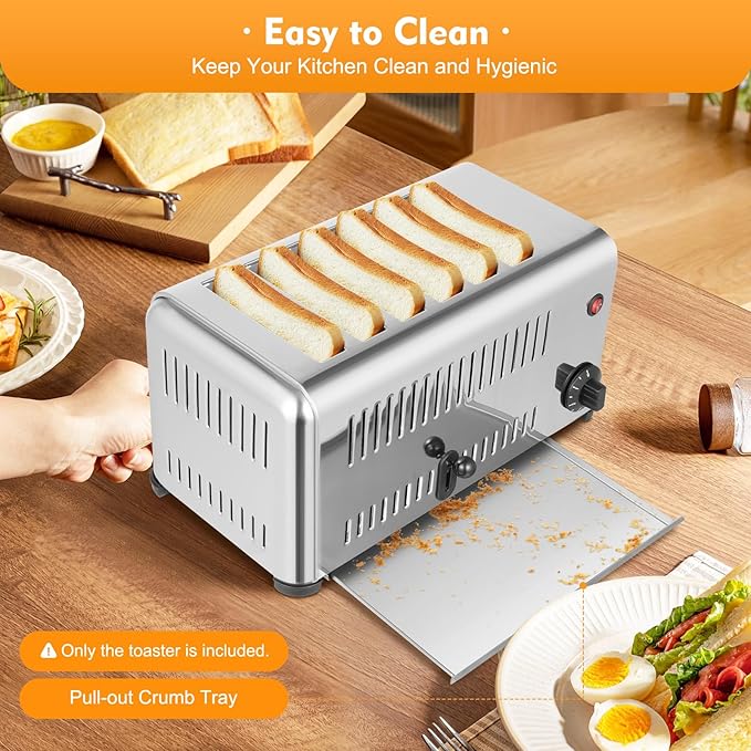Stainless Steel Toaster 4 Slice with 2 Modes for Toasting (4 or 6 Slices), Extra Wide Slots, Time Adjustable 1 to 5 Minutes, Removal Crumb Tray