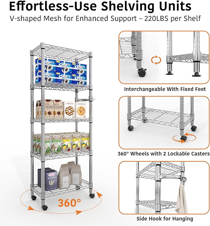 5-Tier Storage Shelves 1100 LBS Heavy Duty Metal Wire Rack Shelving with Lockable Wheels, 61" H Rolling Storage Rack for Pantry Kitchen Garage Bedroom Organization