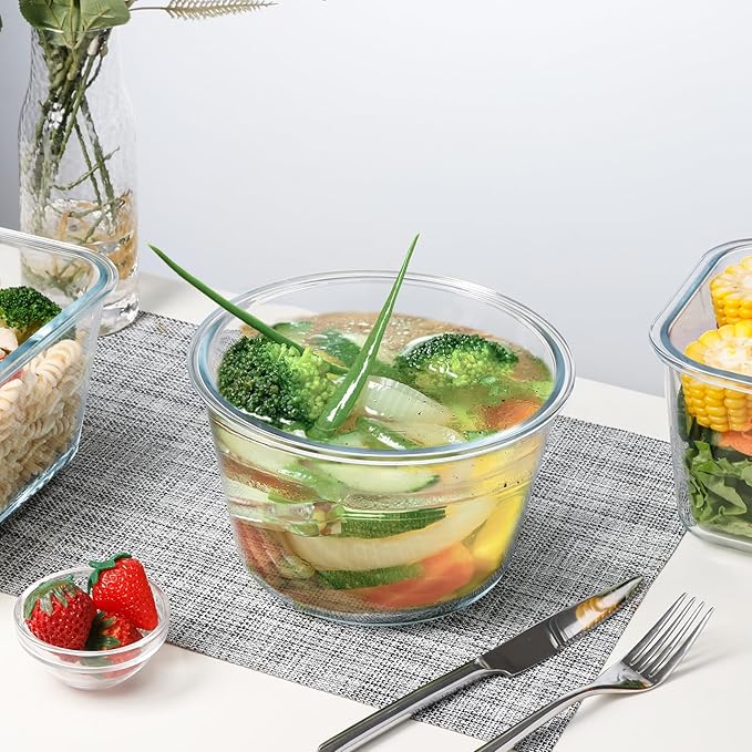 NUTRIUPS 2.1L Glass Food Storage Containers with Lids, 7.6×5in Deep Round Meal Prep Containers, Glass Mixing Bowls With Lid (one piece)