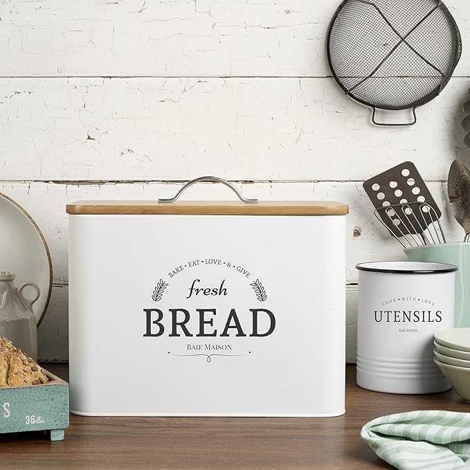 Extra Large White Farmhouse Bread Box for Kitchen Countertop - Breadbox Holder Fits 2+ Loaves - Bread Storage Container Bin - Rustic Bread Keeper Vintage Metal Kitchen Decor (White with Wood Lid)
